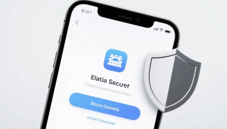 一部现代智能手机屏幕上显示安信15应用的安全下载界面，旁边有安全盾牌图标，背景简洁